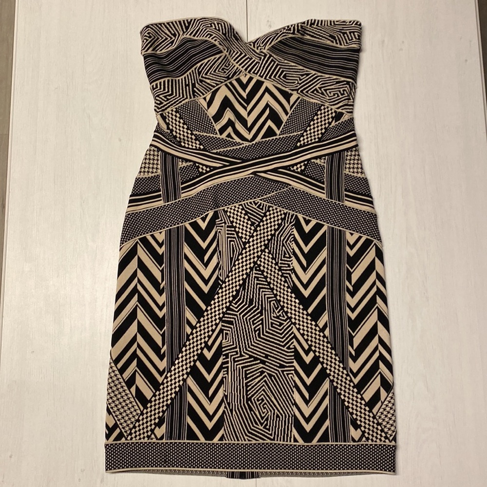 Herve Leger Vintage Black and White Printed Strapless Bandage Mini Dress - M - Picture 1 of 6